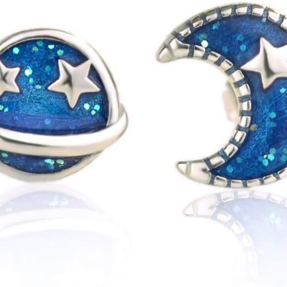 Elegant Blue Enamel Moon & Planet Asymmetrical Stud Earrings in S925 Silver - Picture 1 of 6